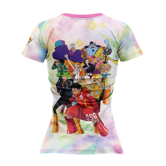 Camiseta manga corta mujer - One piece egghead luffy and the crew pink